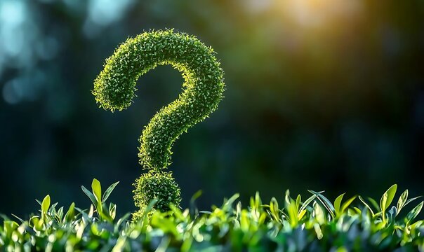 Question mark symbol formed from green garden plant representing environmental doubt and answers.