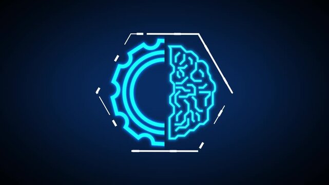A mechanical neon gear rests beside a glowing brain icon. Mental processing is shown by the neon gear visual. High tech design accents the neon gear symbol.