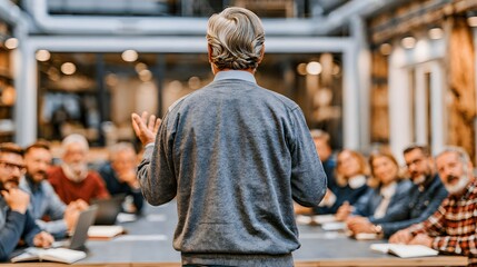 Obraz premium Professional business speaker leading corporate seminar, senior male mentor presenting to diverse team, executive leadership workshop in modern office
