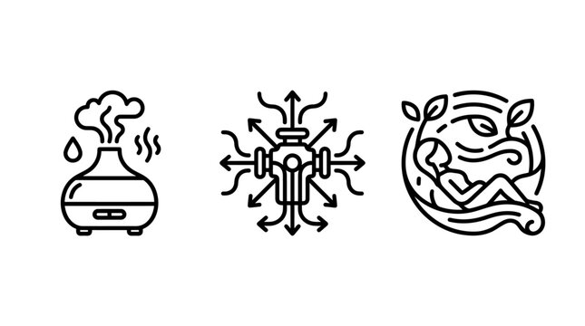 Set of wellness and air conditioning equipment icons including ultrasonic mist diffuser with diffuser humidifier wellness relaxation ventilation atmosphere lifestyle meditation breathing
