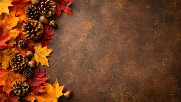 Autumn background with maple leaves and pine cones on textured brown surface.