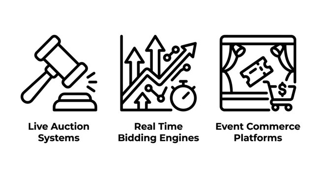 Live auction and real time bidding ecommerce icons with ecommerce commerce platform shopping stopwatch business transaction technology development strategy software application management