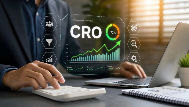 Business professional working with conversion rate optimization data on digital dashboard and calculator.