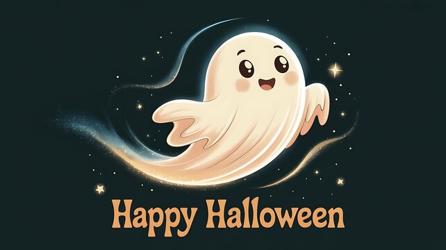 Cute cartoon ghost flying with stars for a happy halloween greeting