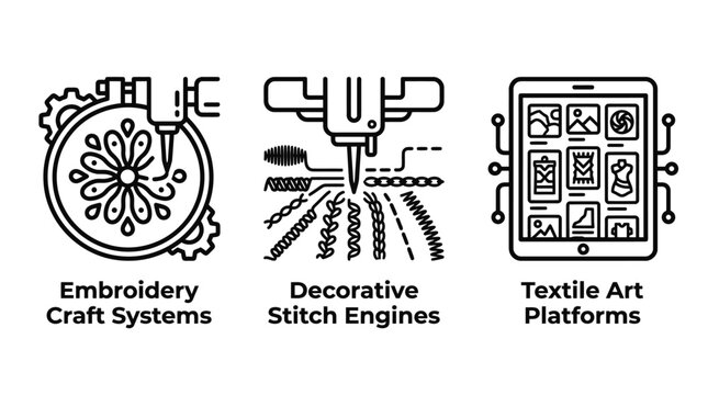 Embroidery and textile art digital platform icons featuring automated stitching machines and software interfaces embroidery stitching platform software automated manufacturing production