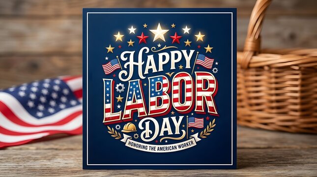 Happy Labor Day greeting card. Patriotic American holiday sign with US flag design.