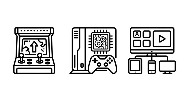 Arcade cabinet processor and multi-device content icons with processor computer distribution technology interface hardware platform graphics collection operation electronic interactive