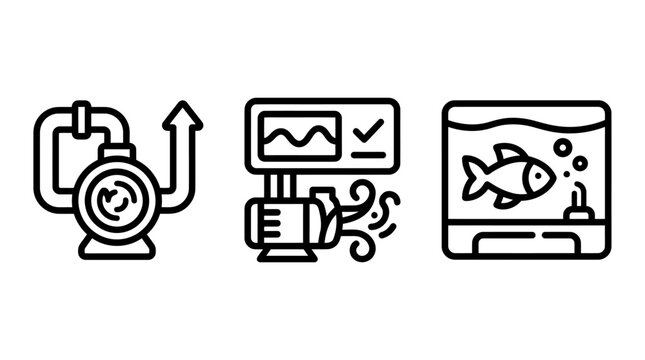 Set of industrial water pump and aquarium filtration icons with filtration aquarium industry mechanical equipment technology engineering maintenance circular circulation industrial movement