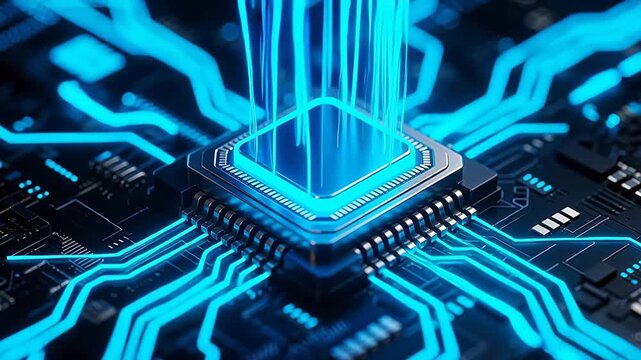 Glowing blue chip on dark circuit board