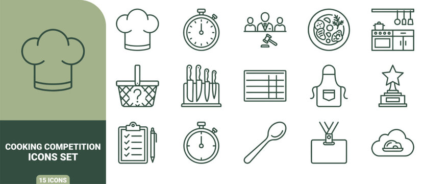 Green outline icons set related to cooking competition, including chef hat, timer, judges, food plate, kitchen, and knives