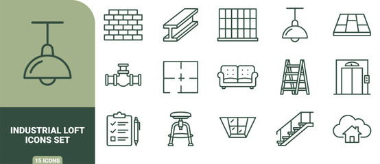 Industrial loft outline icons set featuring brick wall, steel beam, window, lamp, tile, pipe, sofa, ladder, elevator, clipboard, stair © Gra-fix PNG