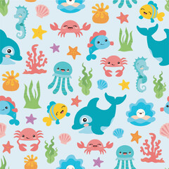Obraz premium pattern seamless sea animals cute vector wallpaper, background for kids, baby