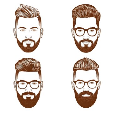 Hipster hairstyle and beard style vector sketches of men faces with fashion haircuts, beards, mustaches and glasses, isolated hand drawn heads with undercut, angular fringe and pompadour hairstyles .