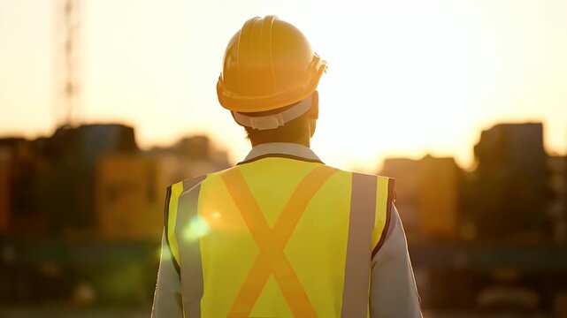Construction worker wiping sweat from forehead at sunset