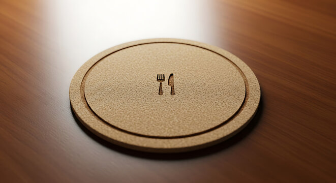 Cork coaster with fork and knife silhouettes a 3d rendering on a wooden surface tableware