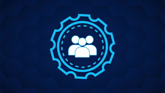 A teamwork icon rests securely within a glowing gear frame. Collaboration is highlighted by this teamwork icon visual. Hexagonal patterns accent the teamwork icon.