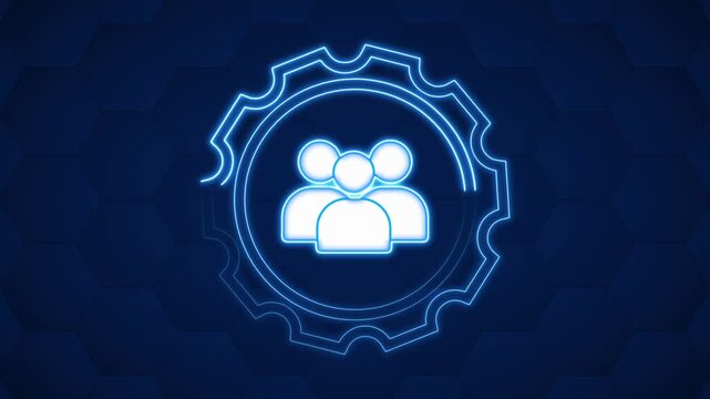 A glowing teamwork icon rests inside an animated gear outline. Strong group unity defines this teamwork icon clearly. Dark blue backdrop highlights the teamwork icon.