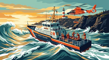 Coast Guard Vessel Navigates Stormy Seas Near Lighthouse for High-Stakes Maritime Rescue © Adobe Stock