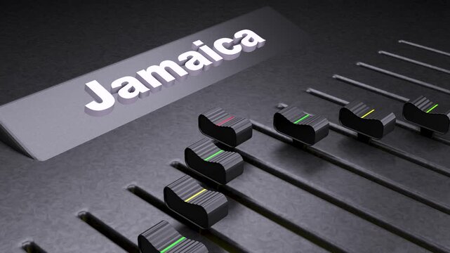 Jamaica music production concept, professional audio mixer faders with Jamaica text, reggae and dancehall sound engineering equipment