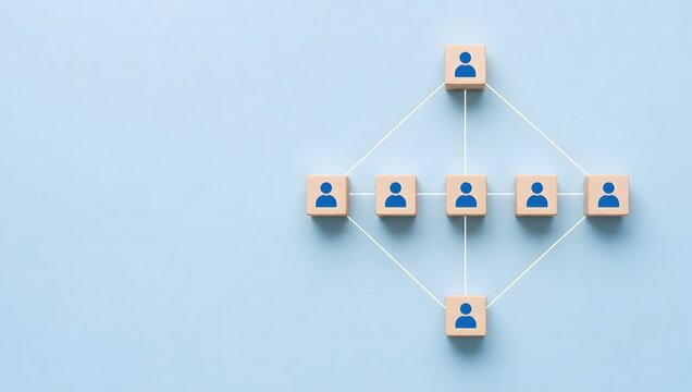 Hierarchical structure of wooden blocks with blue person icons on a blue background.