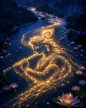 Glowing silhouette of flute player deity surrounded by floating lotus flowers
