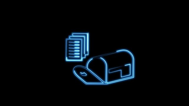 A glowing neon mailbox stands beside stacked document pages. Postal delivery is represented by the neon mailbox graphic. High contrast highlights the neon mailbox.