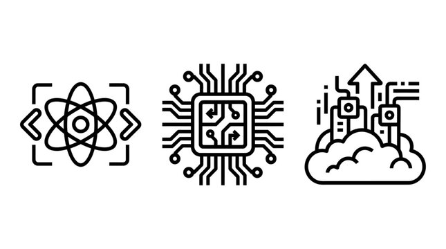 Advanced technology computing and cloud integration icons set with technology computing integration processor hardware infrastructure development engineering software performance technical