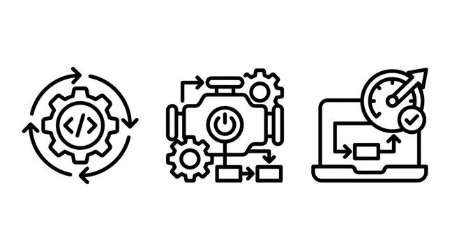 Programming efficiency and system performance icons set with programming efficiency performance optimization automation development software computing technical workflow dashboard analysis