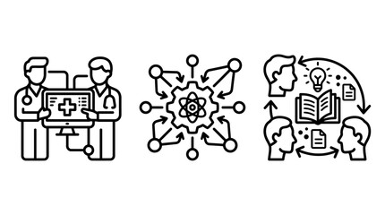 Obraz premium Collaborative medical research and scientific exchange icons set with research collaboration scientific education knowledge exchange teamwork connection learning development discussion
