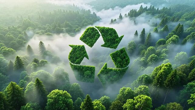 Giant leaf logo floating above green forest