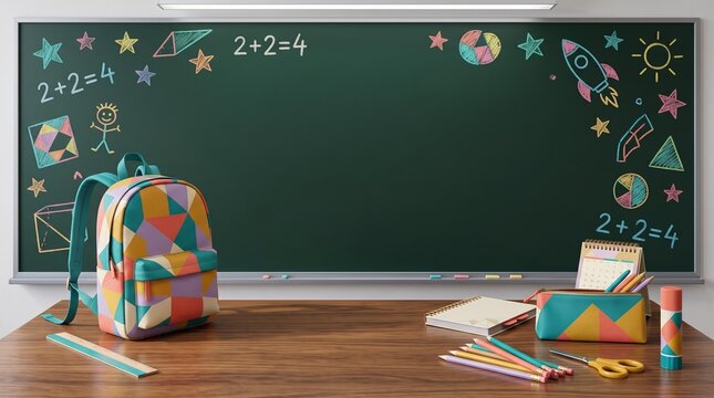 Back to school scene with green chalkboard in background, wooden desk in front. Colorful geometric pattern backpack standing on left side of desk, pencil case with same geometric pattern, scattered co