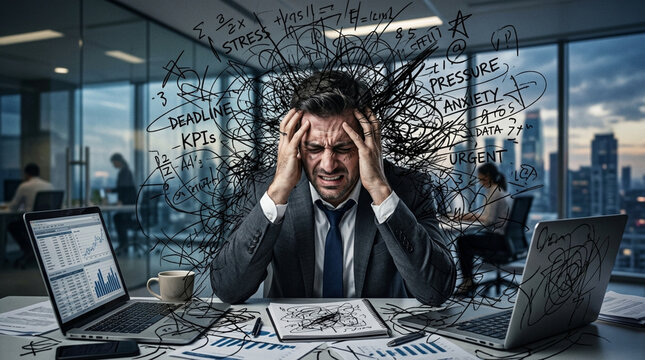 Overwhelmed businessman with chaotic thoughts and work stress in office