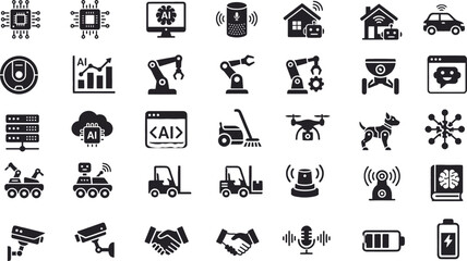 Fototapeta premium Artificial Intelligence and Smart Technology Icon Set - AI, Robotics, Automation, IoT, Machine Learning Vector Icons