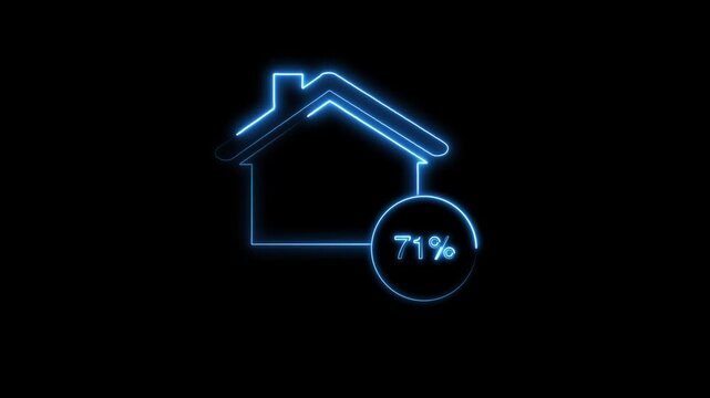 A neon blue house icon displays a forty-two percent metric. Property stats integrate near this house icon frame. Crisp graphics define the house icon graphic.