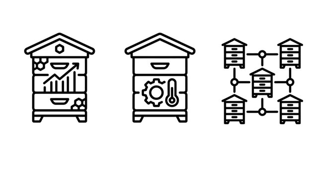 Modern smart hive monitoring and apiary network icons with smart farming beekeeping monitoring temperature agriculture technology automation efficiency solutions connectivity business