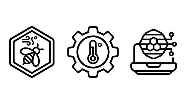 Set of linear icons representing bee keeping technology and temperature management for smart apiaries with beekeeping honeycomb temperature technology apiculture analytics internet industrial