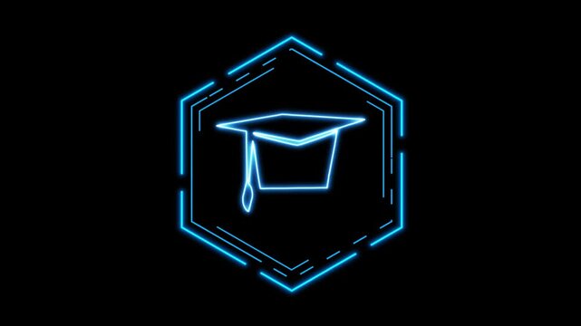 A glowing graduation cap icon rests inside a hexagon frame. Education concepts highlight this graduation cap symbol. Crisp neon defines the graduation cap visual.