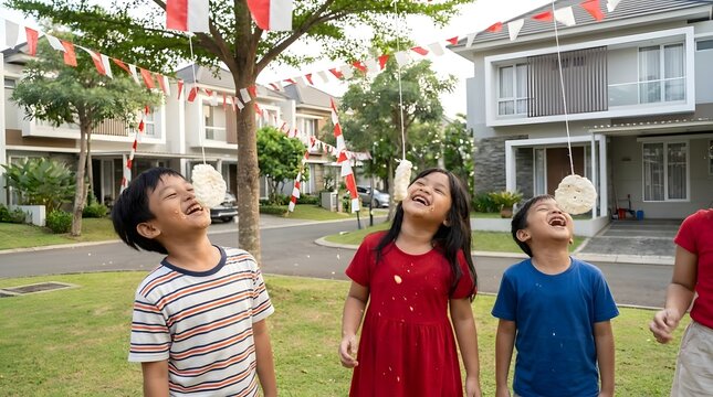 Children eating hanging crackers in traditional Indonesian game.