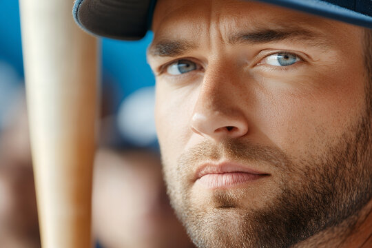 Close-up portrait of a focused young adult man with blue eyes and stubble, wearing a baseball cap and holding a bat