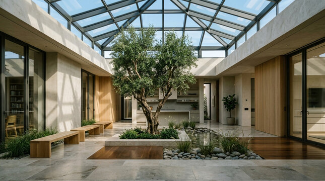 Modern Courtyard Home with Atrium Tree and Skylight