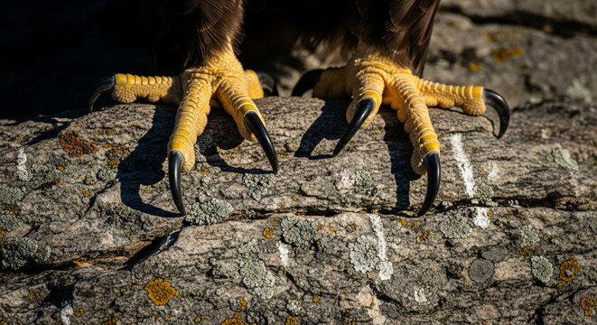 Eagle talons grasping a rock, close-up on powerful bird of prey claws