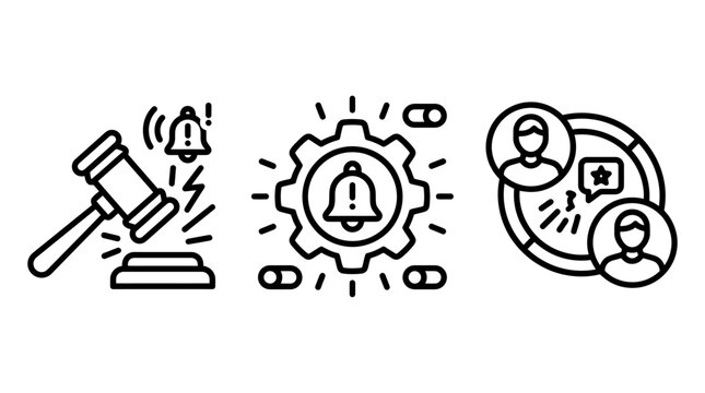 Legal alert and workflow management icons with notification symbols and social interaction notification management workflow feedback corporate communication maintenance interaction community