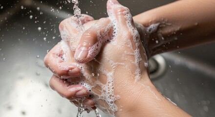 Fototapeta premium Close-up of hands washing with soap and water in a sink, hygiene concept