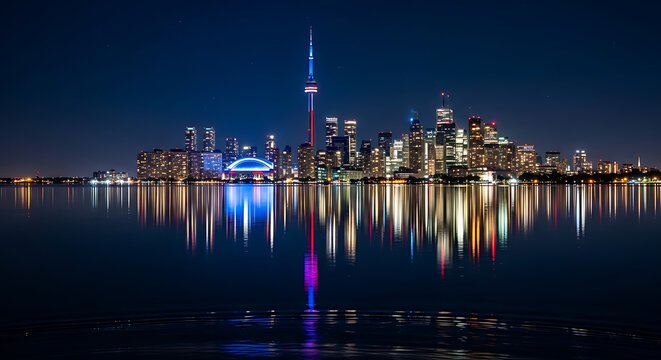 Toronto skyline at night with illuminated cn tower and waterfront reflections scenic cityscape nighttime urban