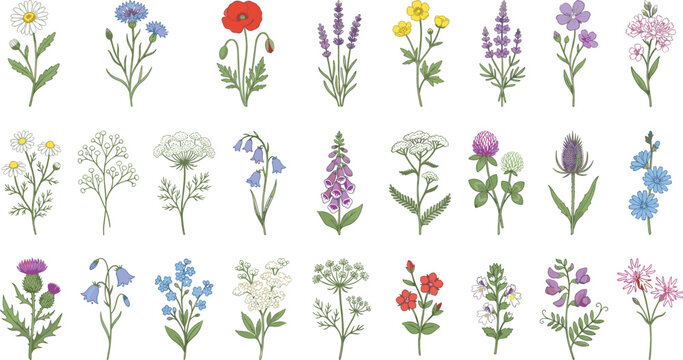 Wildflowers and botanical herbs vector illustration set featuring daisy poppy lavender clover and bluebell for elegant corporate branding or packaging design