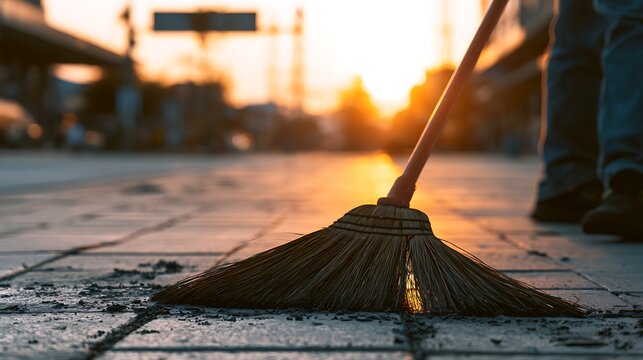 Person sweeping the city sidewalk at sunset.