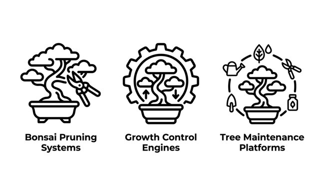 Bonsai tree care systems maintenance and growth control icon set with maintenance industry technology development optimization horticulture botanical management automated illustration