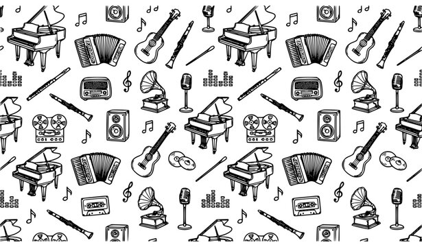 Retro Music Equipment Seamless Outline Pattern Vector