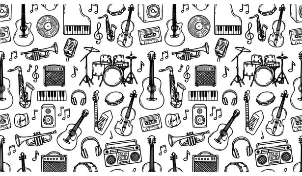 Seamless Hand Drawn Musical Instruments Doodle Pattern Vector
