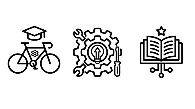 Educational bicycle and technical knowledge icons with education knowledge learning screwdriver academic technical engineering training innovation development mechanic maintenance workshop